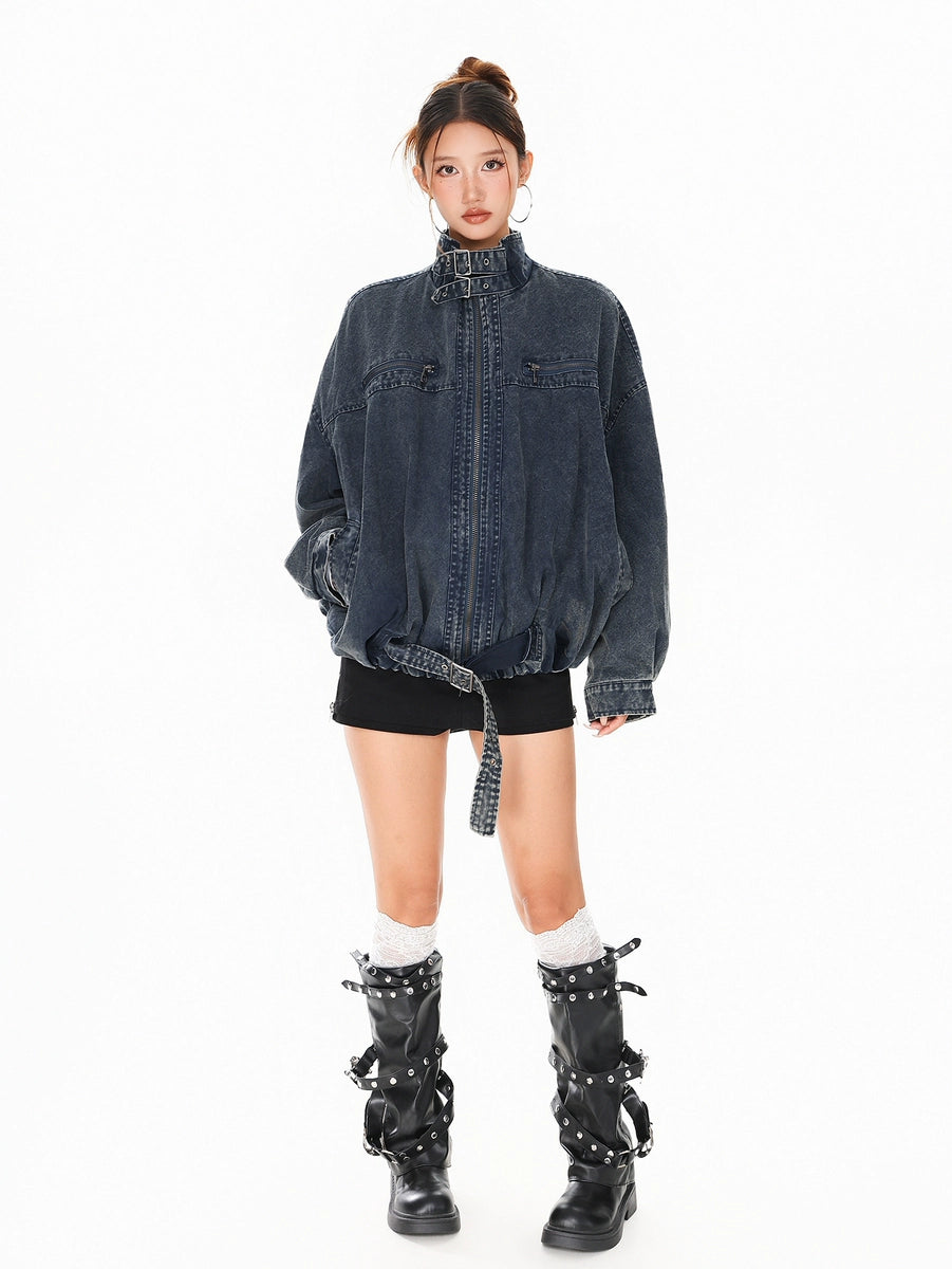 Women's Washed Mandarin Collar Oversized Zip Retro Jacket Casual Coat for Cold Weather Fall Travel Outdoor Holiday