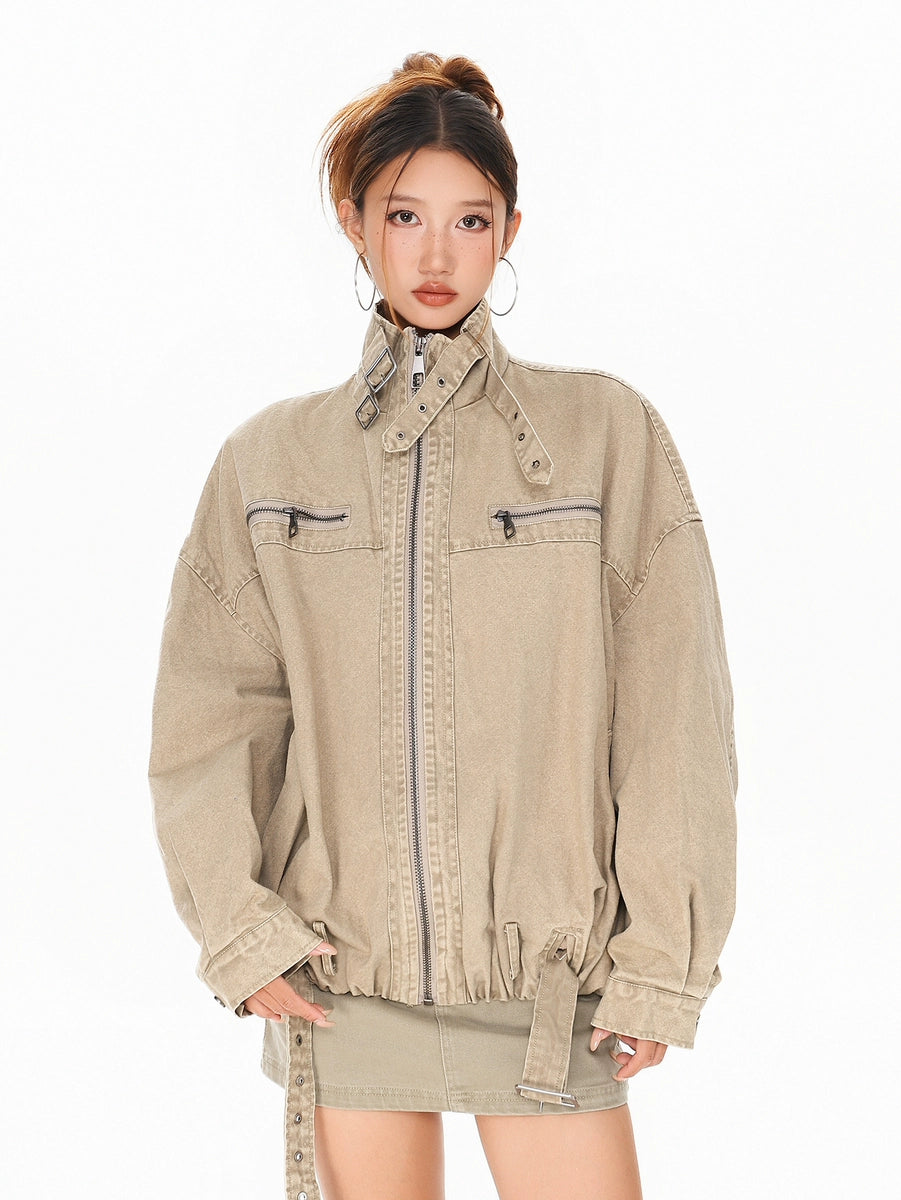 Women's Washed Mandarin Collar Oversized Zip Retro Jacket Casual Coat for Cold Weather Fall Travel Outdoor Holiday