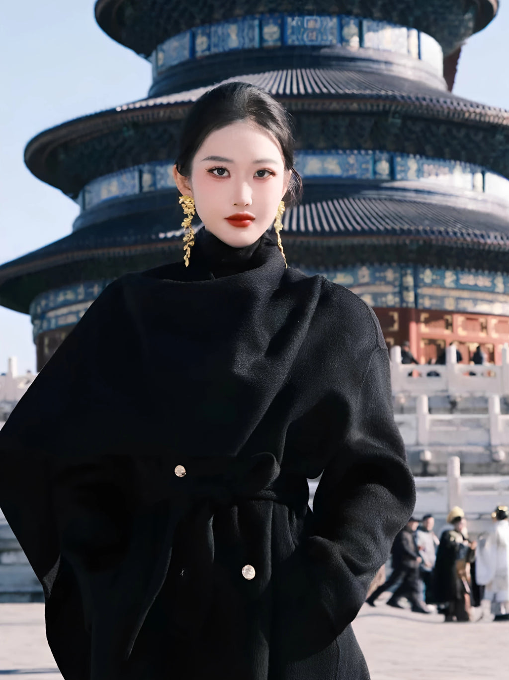 Women's Wool Black Longline Lace-Up Winter Coat for Fall Layering Travel Office Everyday Wear Holiday Date Night