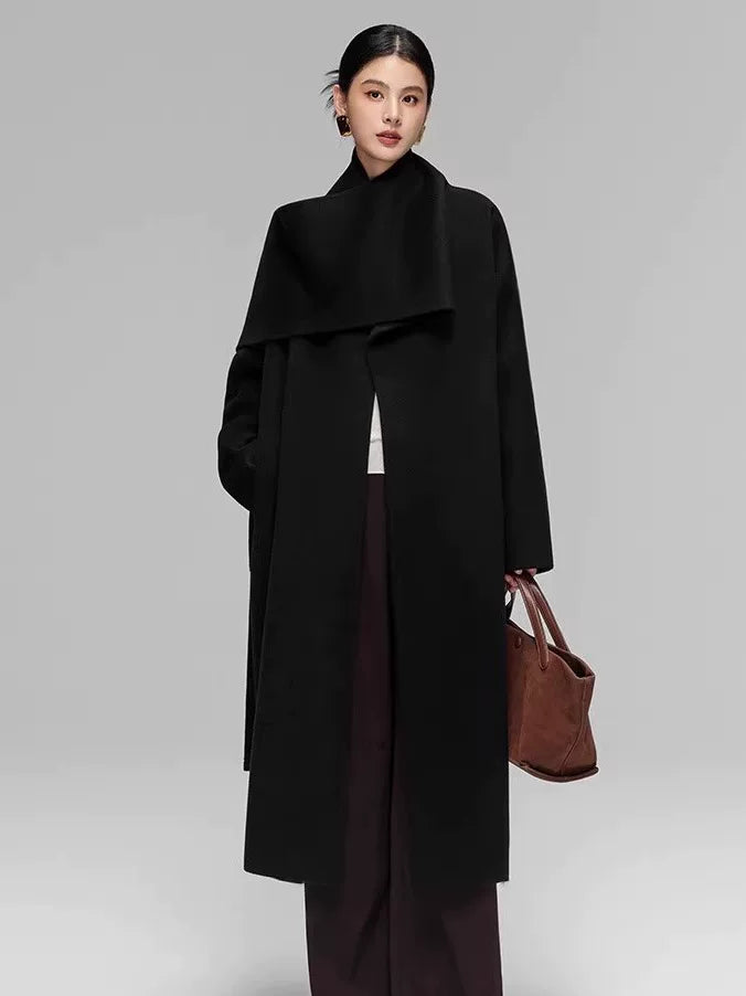 Women's Wool Black Longline Lace-Up Winter Coat for Fall Layering Travel Office Everyday Wear Holiday Date Night