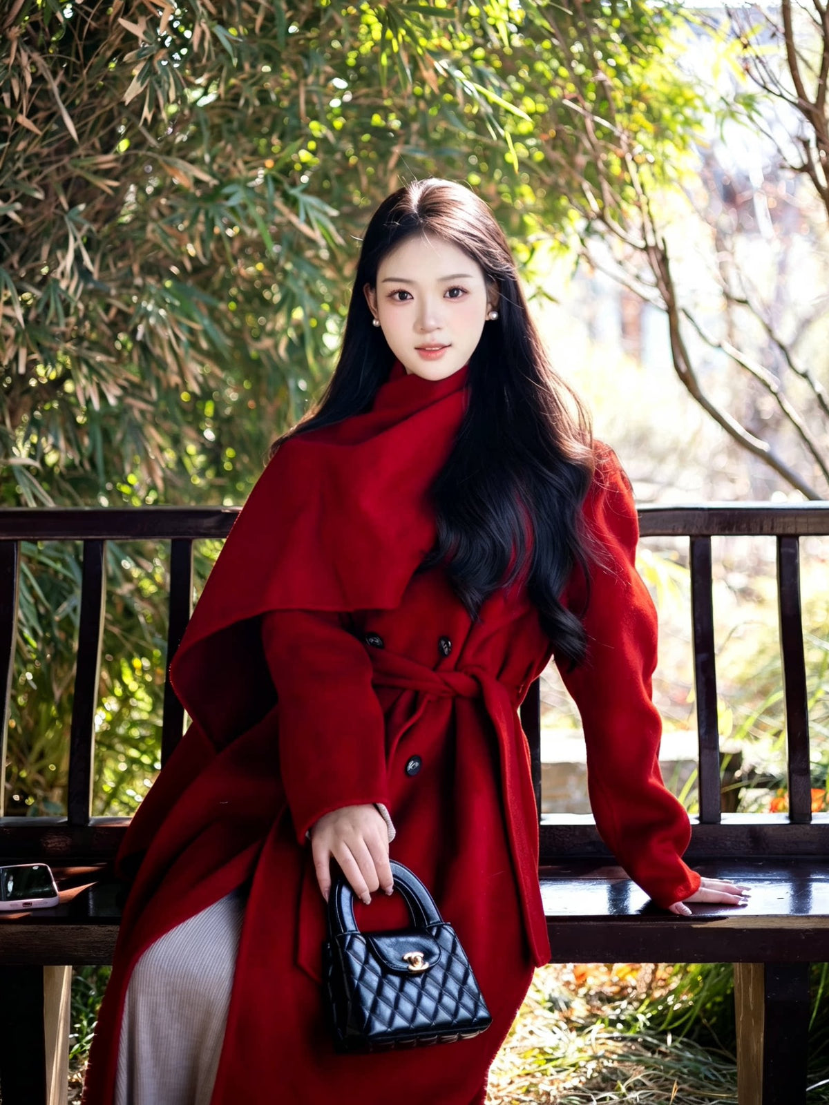 Women's Wool Black Longline Lace-Up Winter Coat for Fall Layering Travel Office Everyday Wear Holiday Date Night