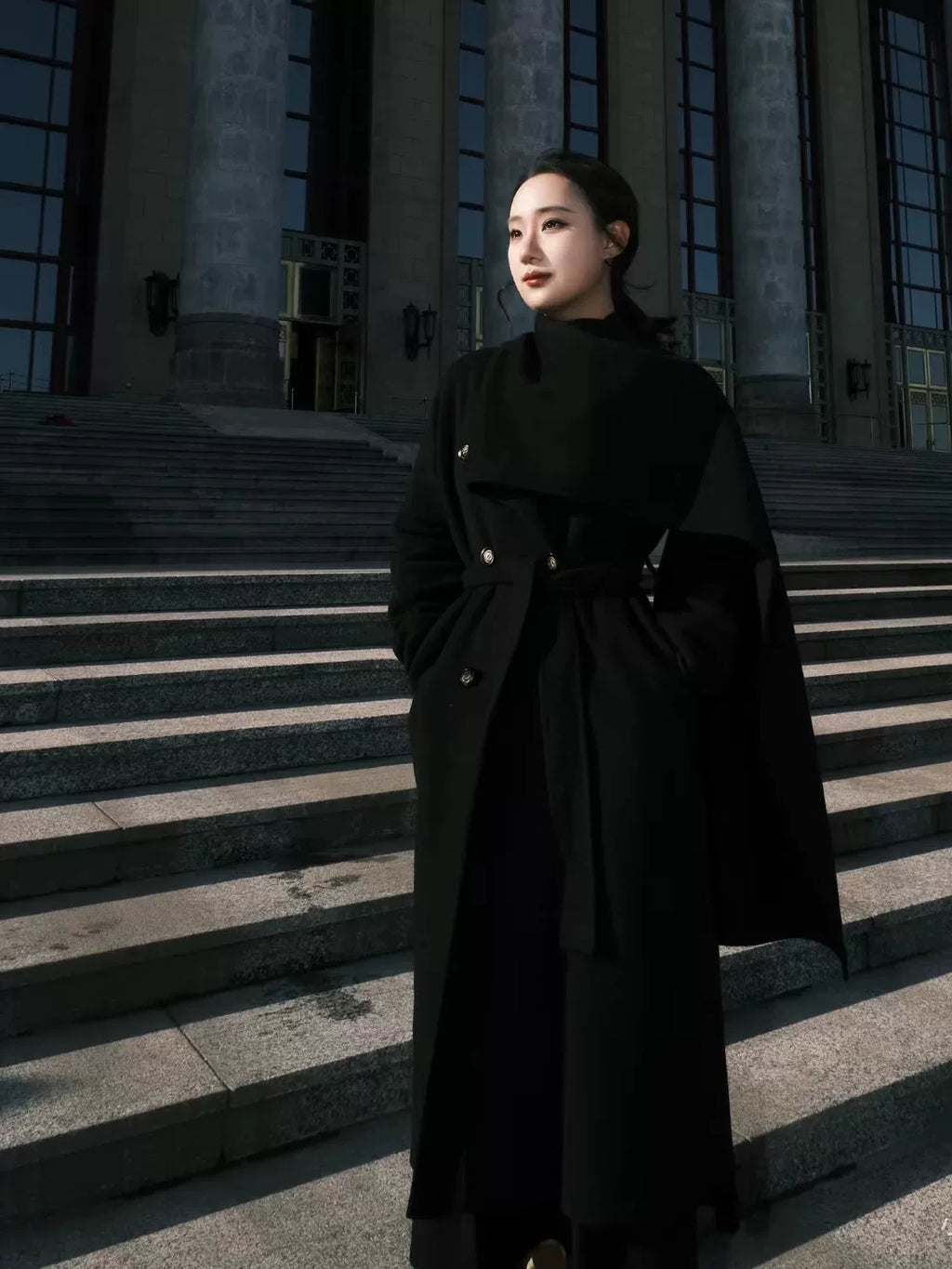 Women's Wool Black Longline Lace-Up Winter Coat for Fall Layering Travel Office Everyday Wear Holiday Date Night