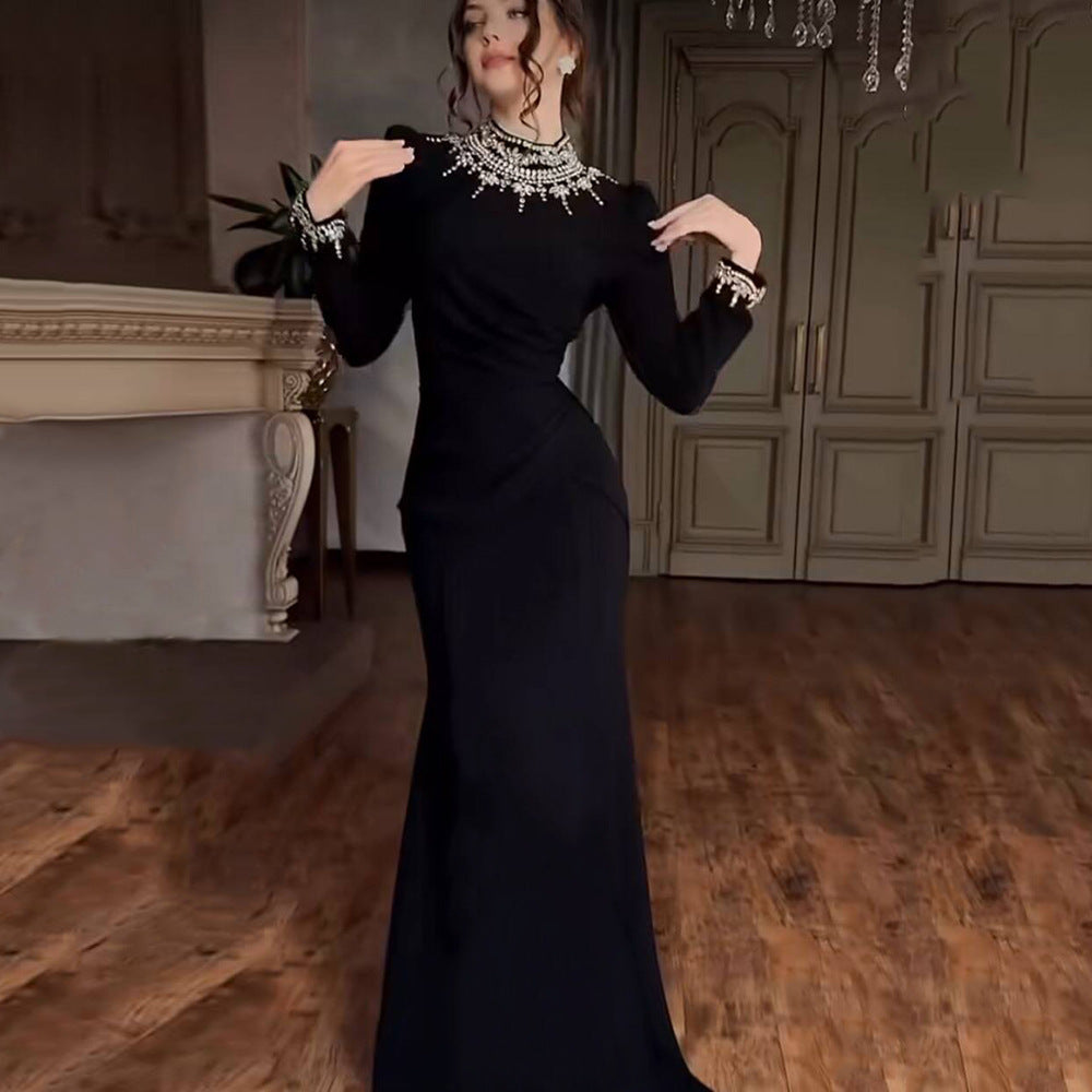Women's Handcrafted Fall Winter Maxi Long Sleeve Party Evening Dress Formal Midi Dress for Black Tie Wedding Guest Cocktail Prom Date Night