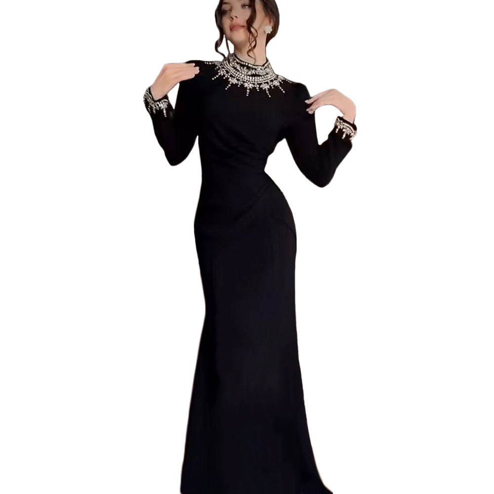 Women's Handcrafted Fall Winter Maxi Long Sleeve Party Evening Dress Formal Midi Dress for Black Tie Wedding Guest Cocktail Prom Date Night