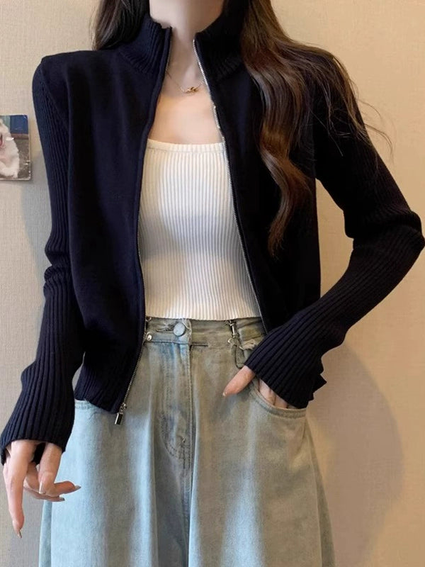 Women's Knit Fall Winter Black Mandarin Collar Petite Zip Hoodie Cardigan Open-Front Sweatshirt Jacket for Office Outfits Spring Travel Everyday Date Night
