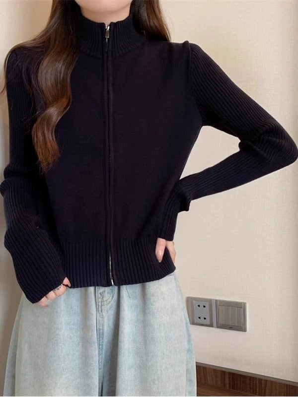 Women's Knit Fall Winter Black Mandarin Collar Petite Zip Hoodie Cardigan Open-Front Sweatshirt Jacket for Office Outfits Spring Travel Everyday Date Night