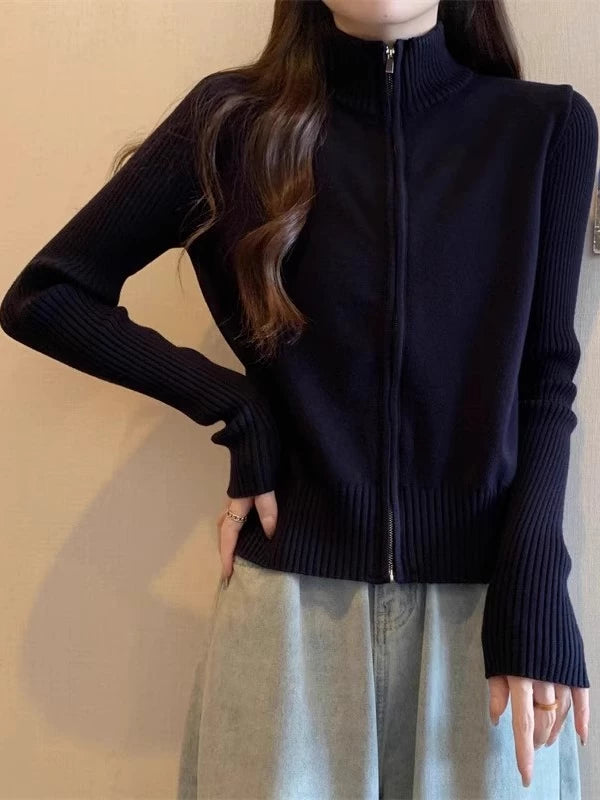 Women's Knit Fall Winter Black Mandarin Collar Petite Zip Hoodie Cardigan Open-Front Sweatshirt Jacket for Office Outfits Spring Travel Everyday Date Night