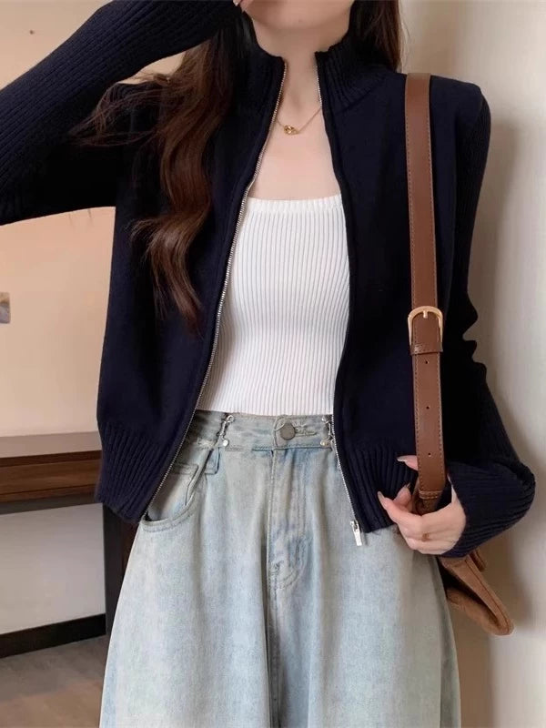 Women's Knit Fall Winter Black Mandarin Collar Petite Zip Hoodie Cardigan Open-Front Sweatshirt Jacket for Office Outfits Spring Travel Everyday Date Night