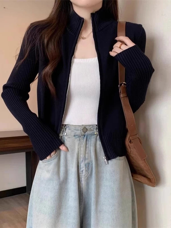 Women's Knit Fall Winter Black Mandarin Collar Petite Zip Hoodie Cardigan Open-Front Sweatshirt Jacket for Office Outfits Spring Travel Everyday Date Night