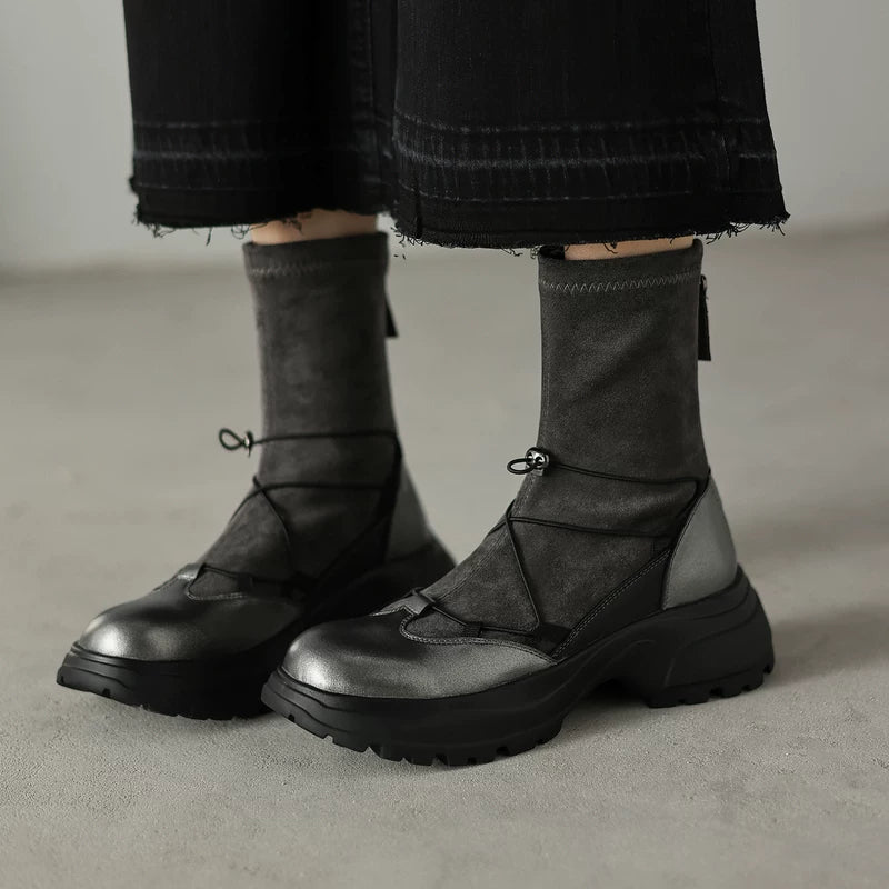 Women's Chunky Sole Leather Retro Sporty Slim Ankle Boots for Fall Outfits Streetwear Winter Office and Weekend Everyday Wear