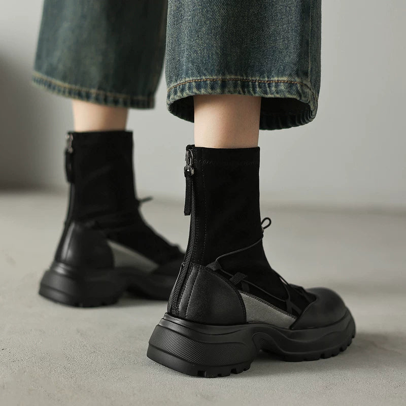 Women's Chunky Sole Leather Retro Sporty Slim Ankle Boots for Fall Outfits Streetwear Winter Office and Weekend Everyday Wear