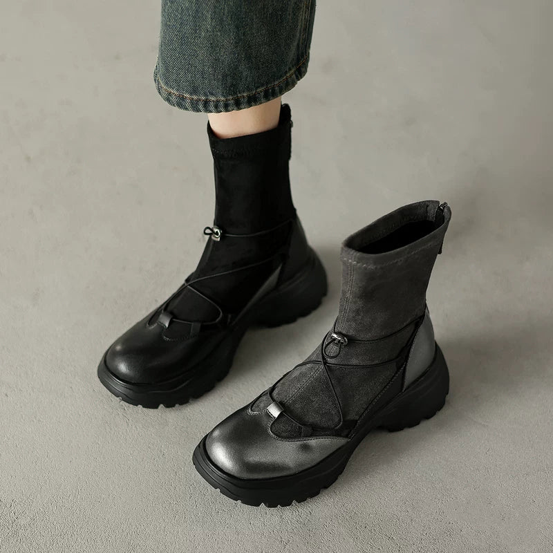 Women's Chunky Sole Leather Retro Sporty Slim Ankle Boots for Fall Outfits Streetwear Winter Office and Weekend Everyday Wear