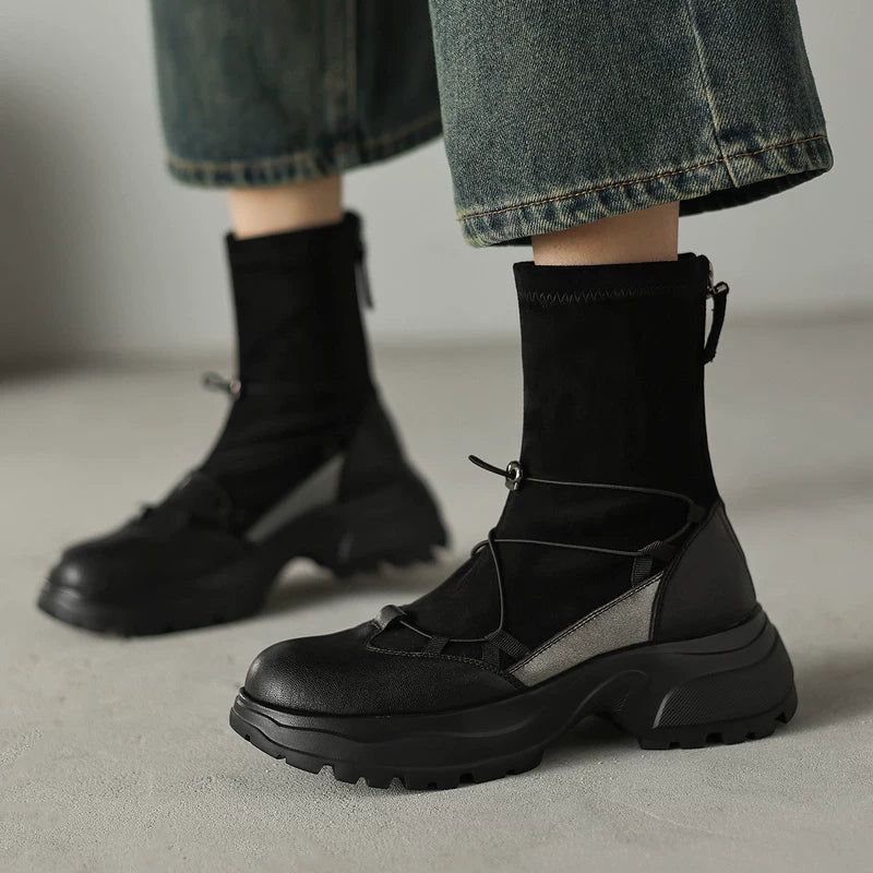 Women's Chunky Sole Leather Retro Sporty Slim Ankle Boots for Fall Outfits Streetwear Winter Office and Weekend Everyday Wear