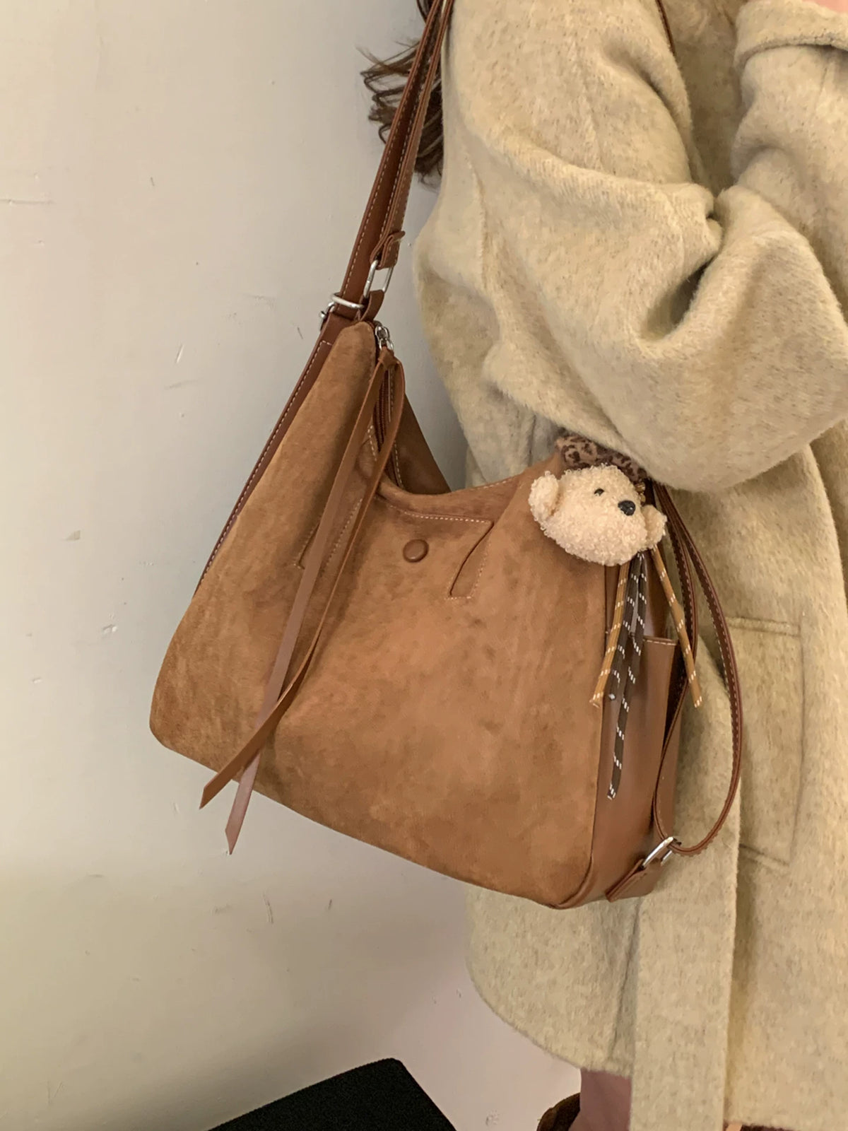 Women's Spring Summer Suede-look Retro Tote Bag Shoulder Crossbody Purse Work Travel Everyday Purse