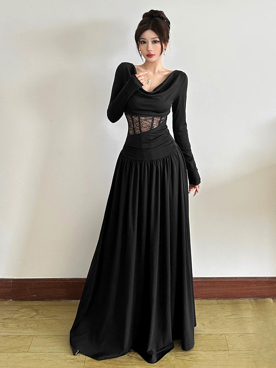 Women's Lace Slim-Fit Open-Back Long Sleeve Cutout French-Inspired Cowl-Neck Maxi Dress
