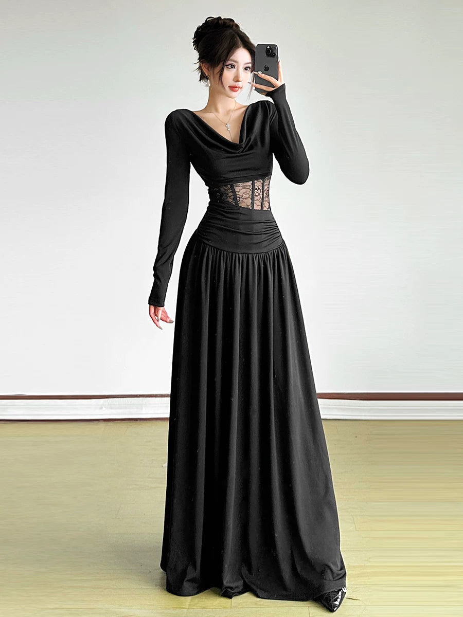 Women's Lace Slim-Fit Open-Back Long Sleeve Cutout French-Inspired Cowl-Neck Maxi Dress