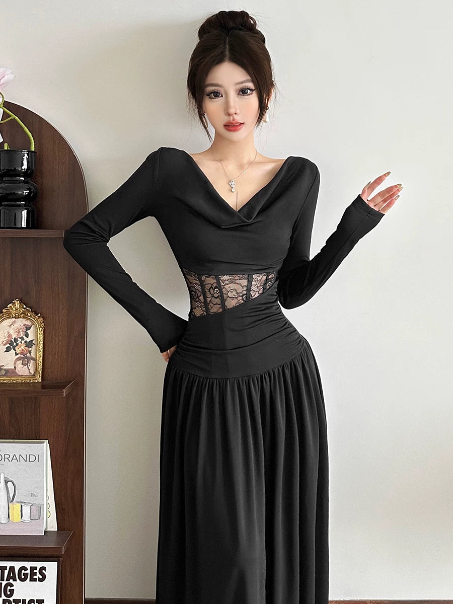 Women's Lace Slim-Fit Open-Back Long Sleeve Cutout French-Inspired Cowl-Neck Maxi Dress