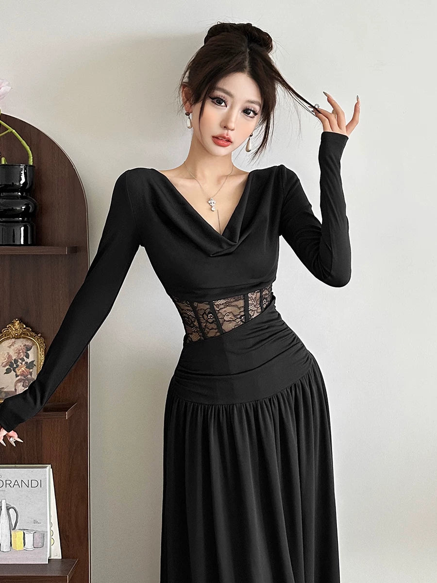 Women's Lace Slim-Fit Open-Back Long Sleeve Cutout French-Inspired Cowl-Neck Maxi Dress