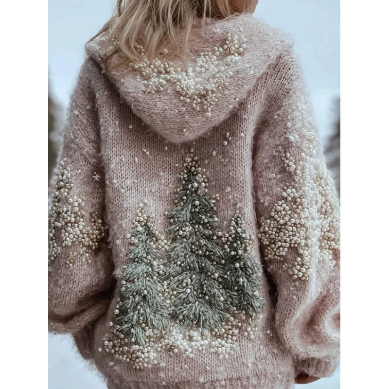 Hooded Christmas Graphic Sweater for Women, Oversized Long Sleeve Holiday Print Pullover for Winter Parties
