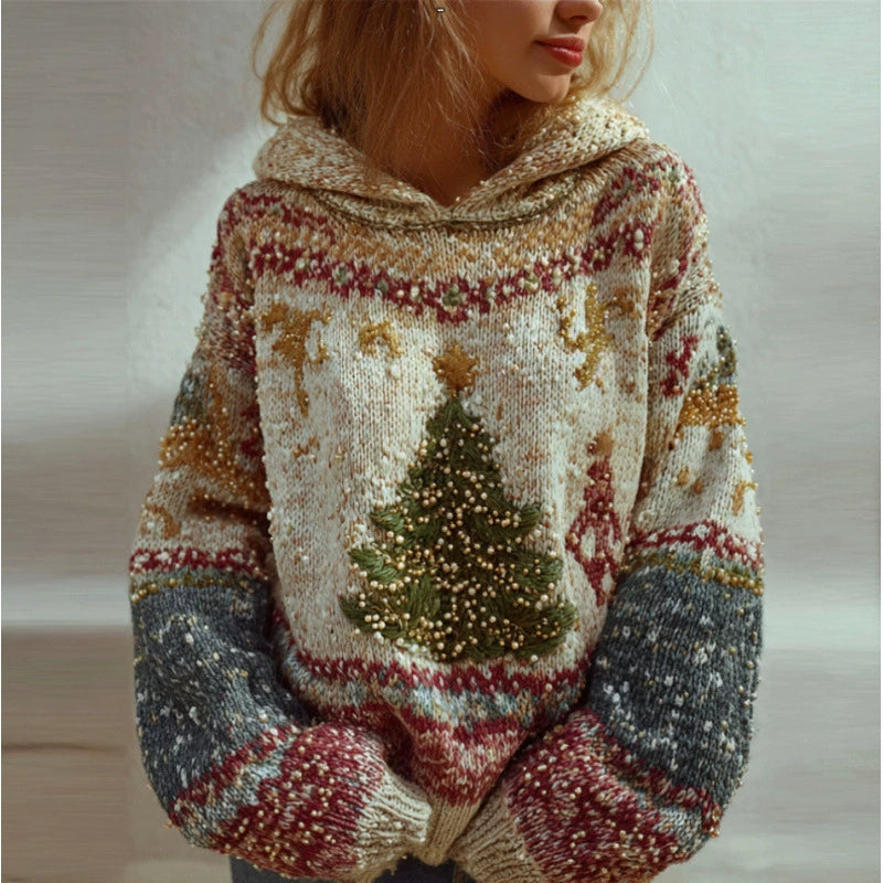 Hooded Christmas Graphic Sweater for Women, Oversized Long Sleeve Holiday Print Pullover for Winter Parties