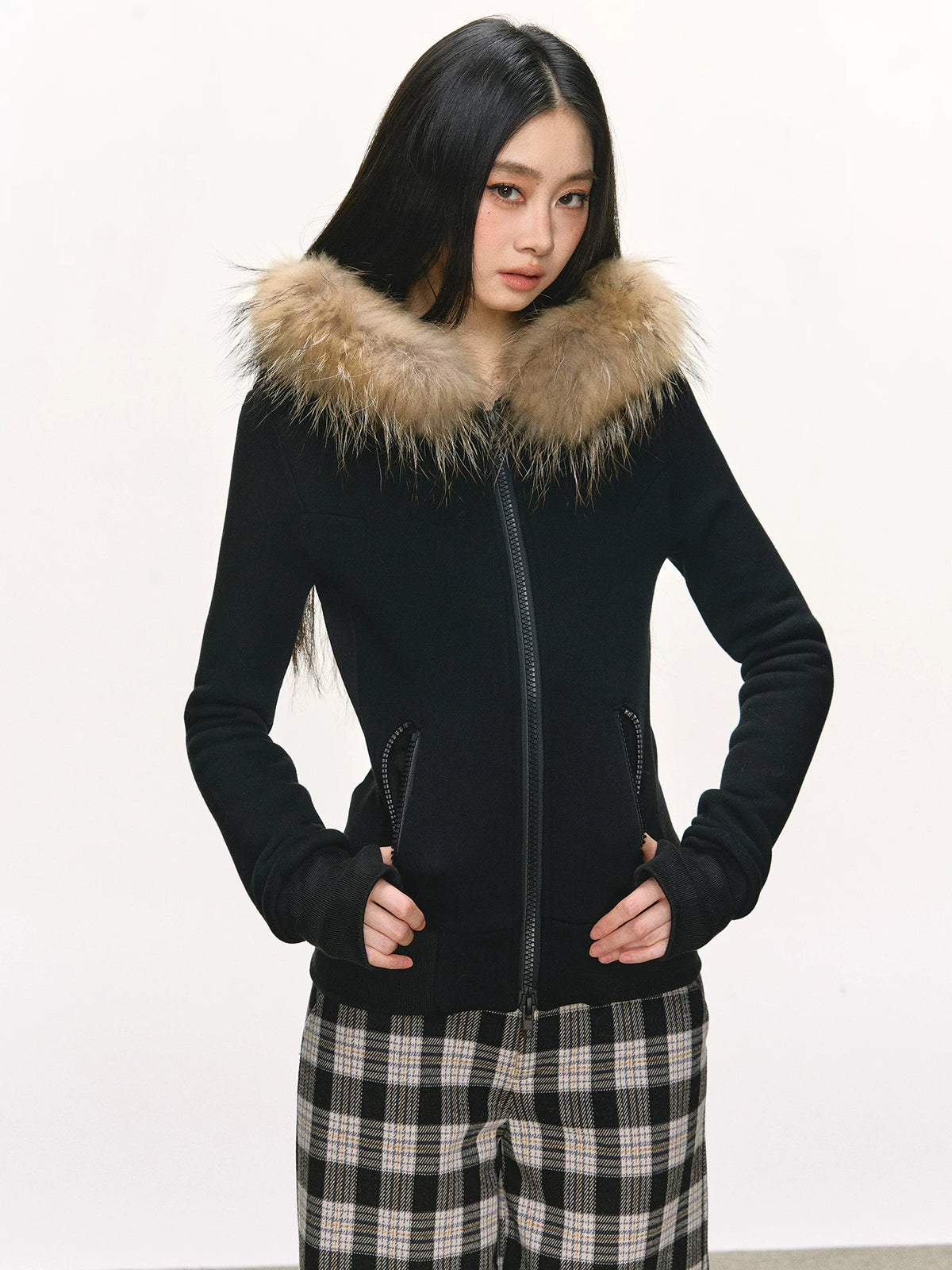 Women's Fur-Collar Knit Fleece-Lined Cropped Hoodie Sweatshirt for Casual Streetwear Fall Travel and Weekend Everyday Date Night
