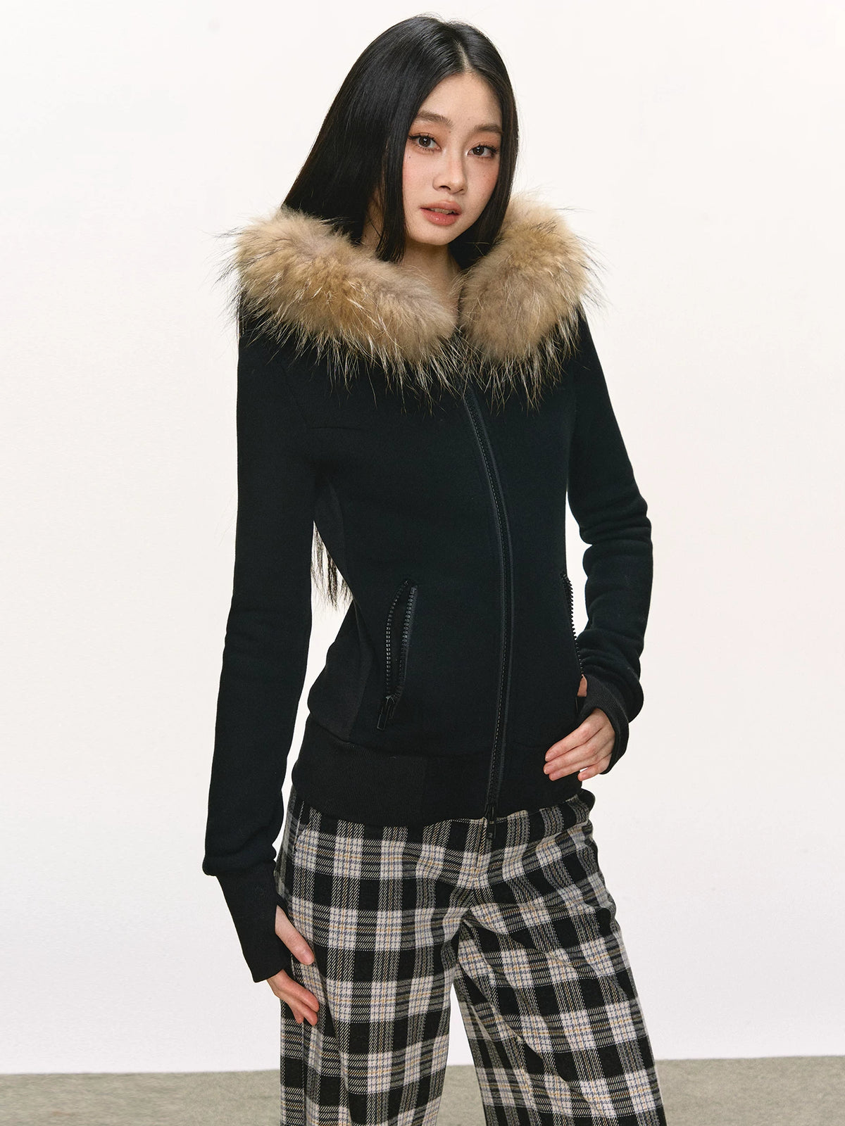 Women's Fur-Collar Knit Fleece-Lined Cropped Hoodie Sweatshirt for Casual Streetwear Fall Travel and Weekend Everyday Date Night