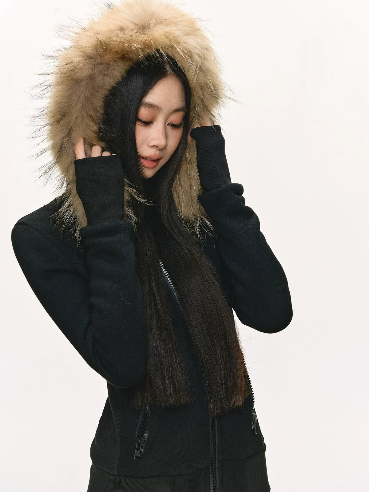 Women's Fur-Collar Knit Fleece-Lined Cropped Hoodie Sweatshirt for Casual Streetwear Fall Travel and Weekend Everyday Date Night
