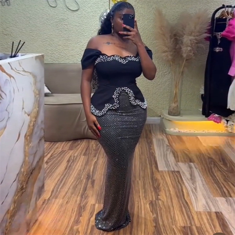 Women's Crystal Asymmetric Evening Dress Formal Midi Dress for Black Tie Wedding Guest Cocktail Party Prom Date Night