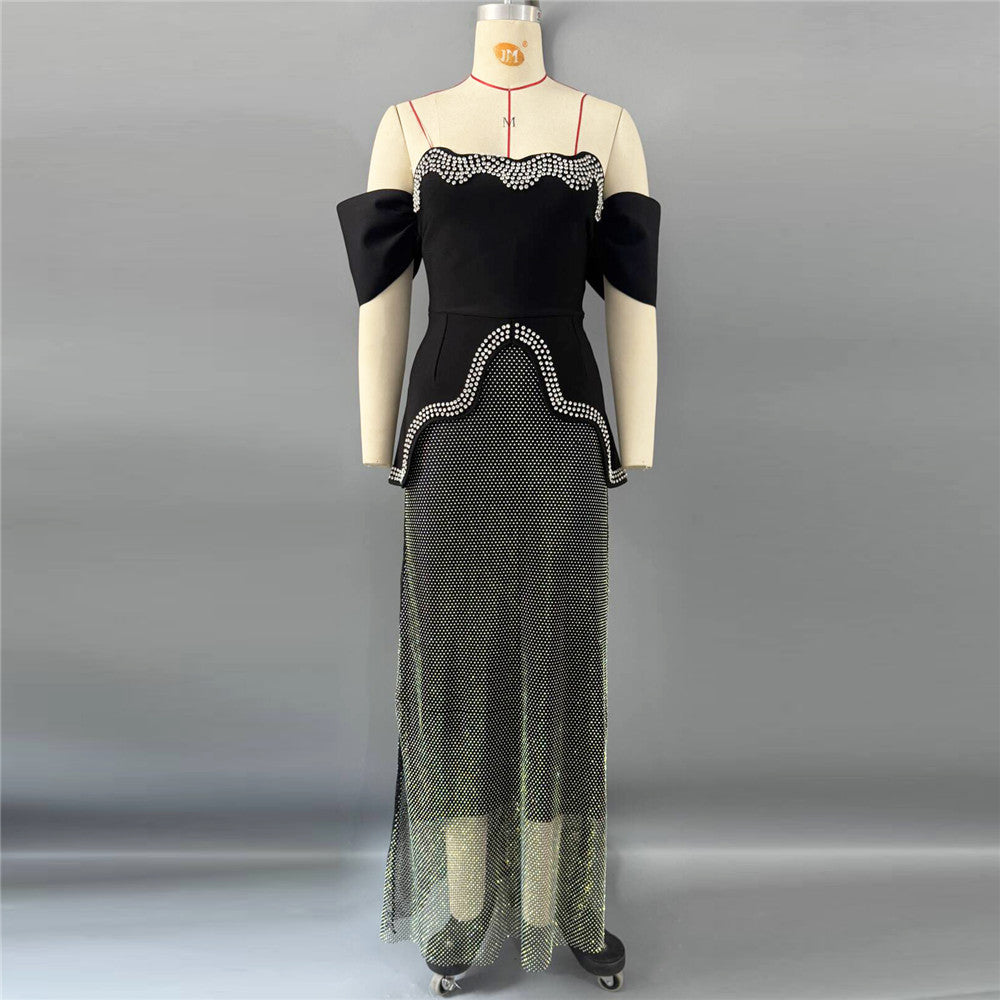 Women's Crystal Asymmetric Evening Dress Formal Midi Dress for Black Tie Wedding Guest Cocktail Party Prom Date Night