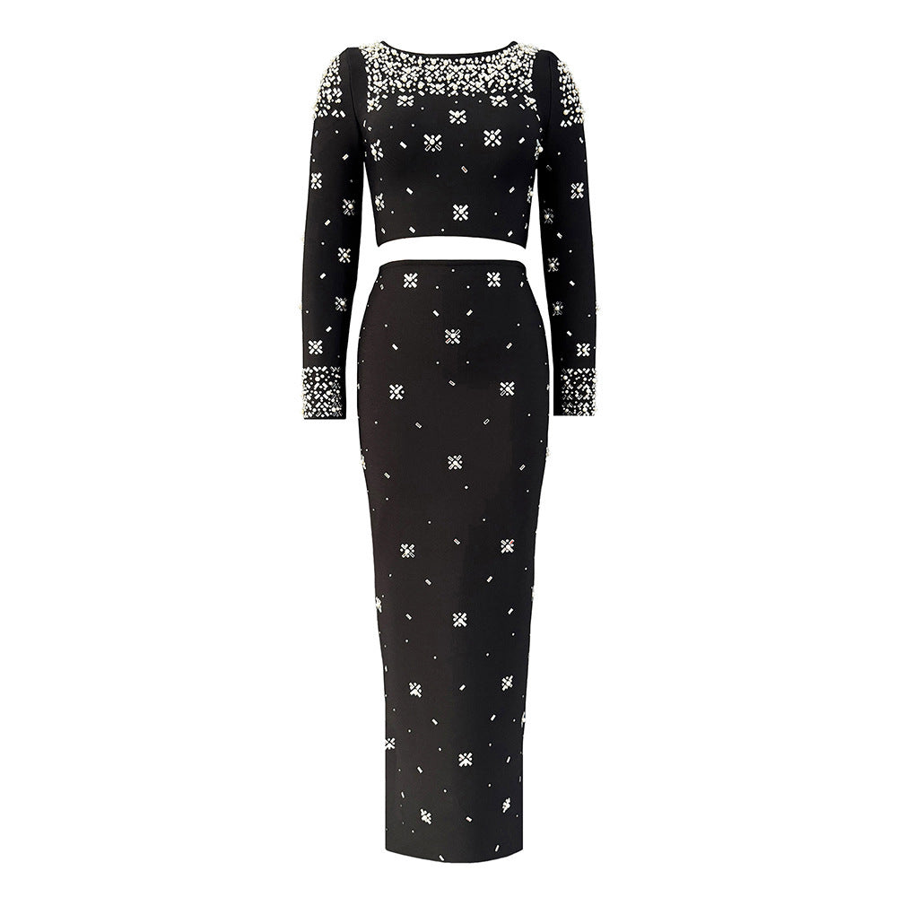 Women's Heavy-Duty Maxi Crystal Long Sleeve Two-Piece Set for Office Workwear Wedding Guest Business Casual Travel Weekend At Home