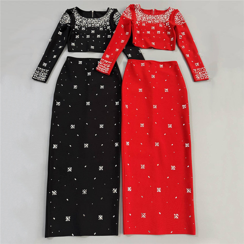 Women's Heavy-Duty Maxi Crystal Long Sleeve Two-Piece Set for Office Workwear Wedding Guest Business Casual Travel Weekend At Home