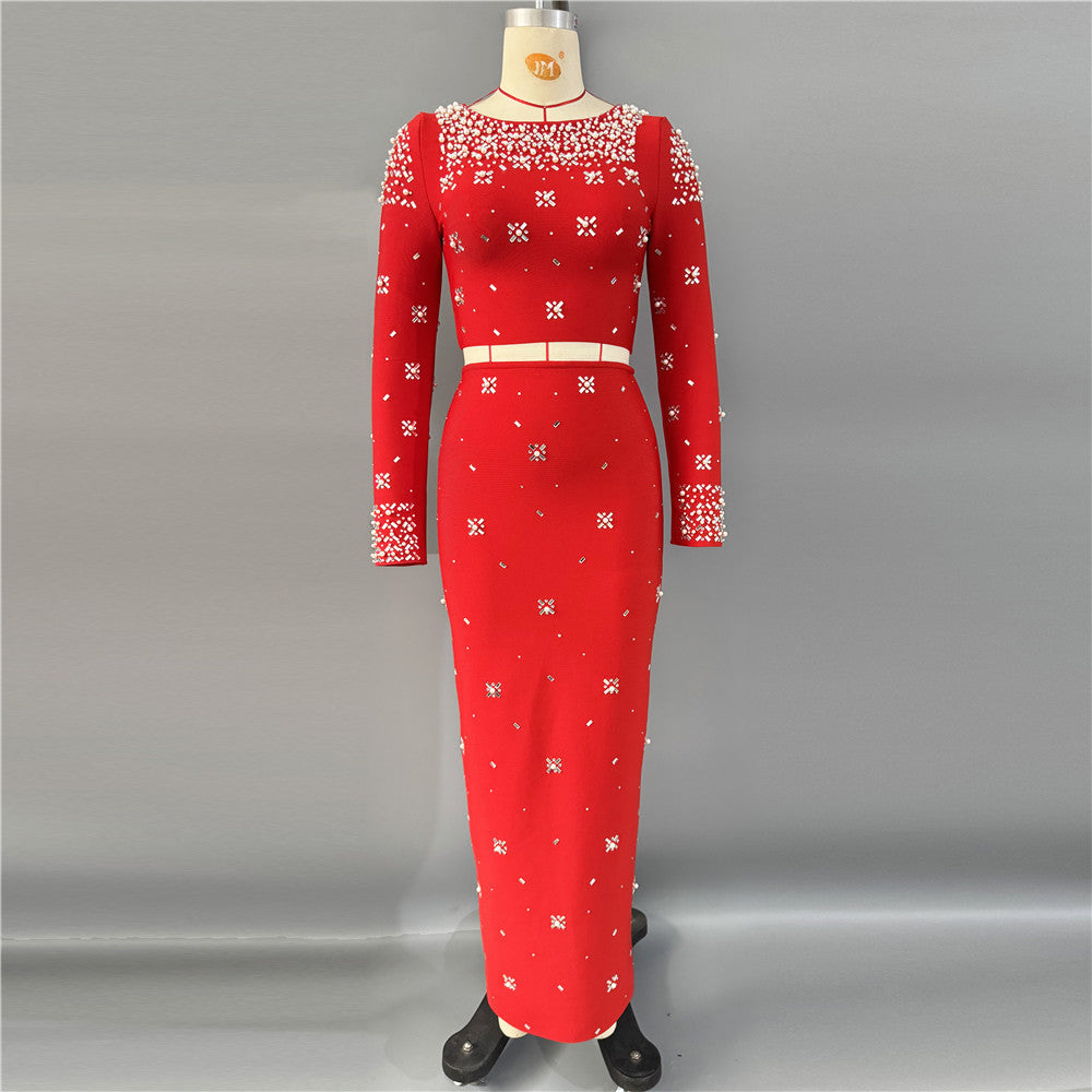 Women's Heavy-Duty Maxi Crystal Long Sleeve Two-Piece Set for Office Workwear Wedding Guest Business Casual Travel Weekend At Home