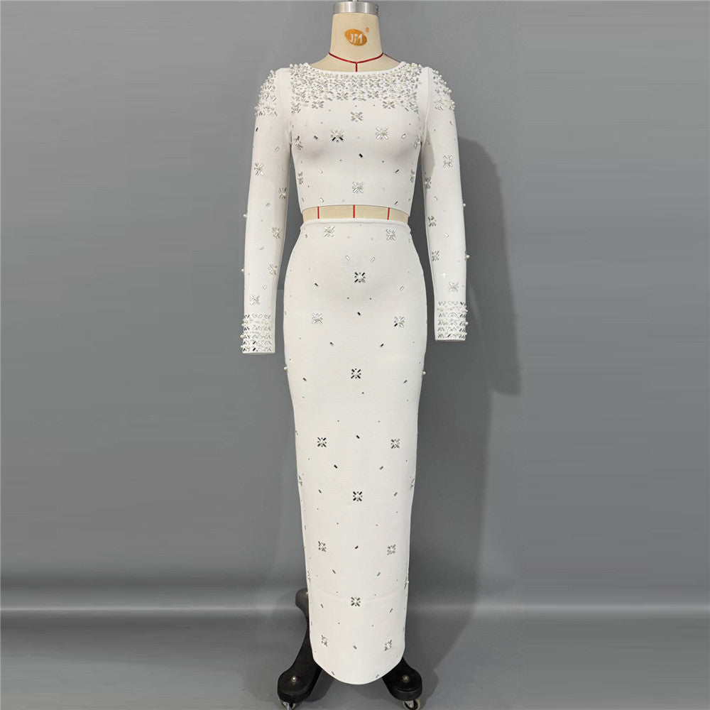 Women's Heavy-Duty Maxi Crystal Long Sleeve Two-Piece Set for Office Workwear Wedding Guest Business Casual Travel Weekend At Home