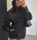 Women's Slim-Waist Lapel Cropped Lace-Up Trench Coat for Fall Layering Travel Office Holiday Date Night