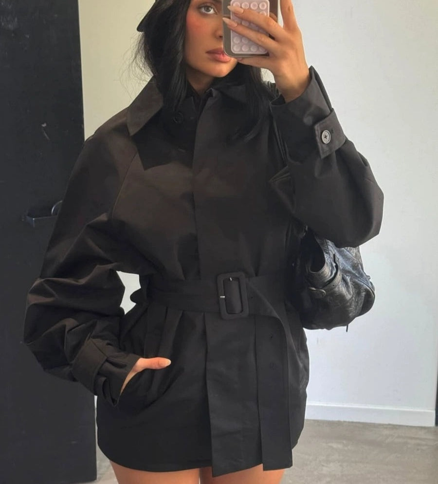 Women's Slim-Waist Lapel Cropped Lace-Up Trench Coat for Fall Layering Travel Office Holiday Date Night