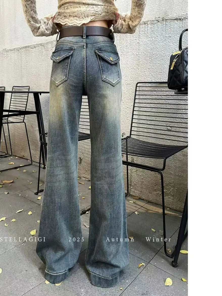 Women's Slim-fit Fleece-lined Retro Wide-leg Jeans for Casual Outfits Everyday Office Slimming Weekend Date Night