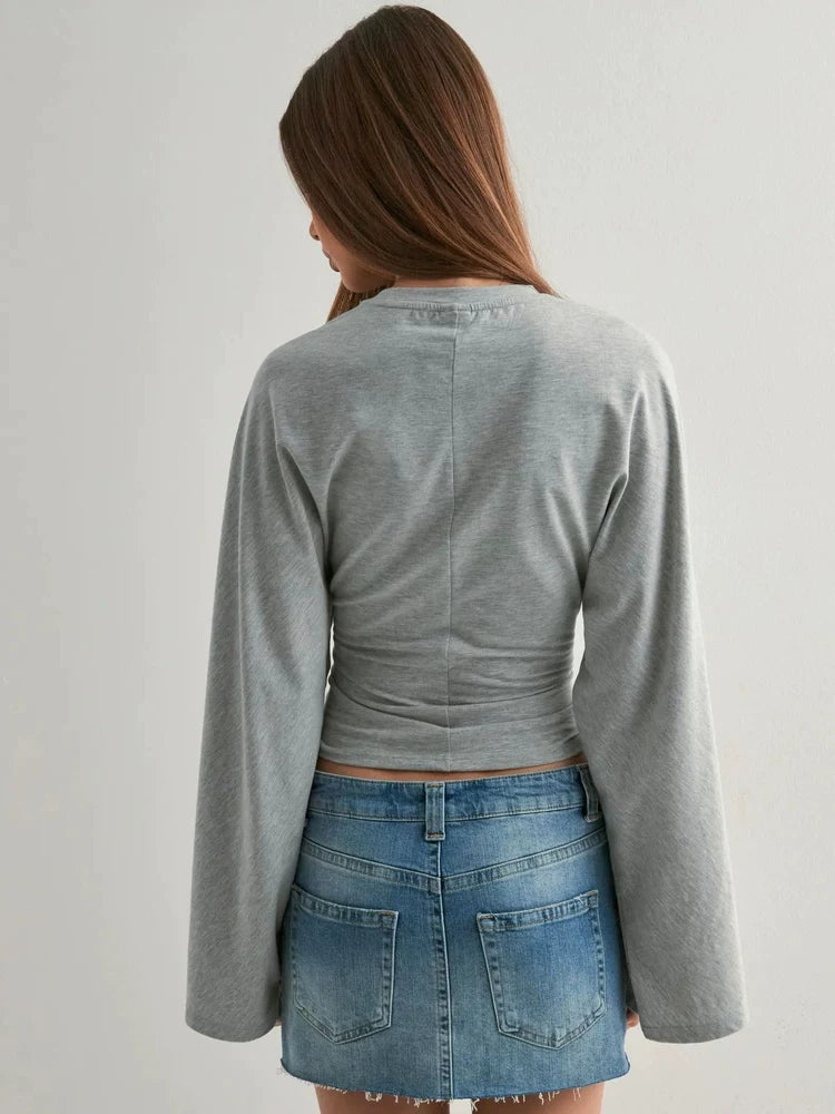 Women's Slim-waist Long Sleeve Cropped Relaxed T-shirt Casual Tee Casual Top Office Workwear Outfit for Women
