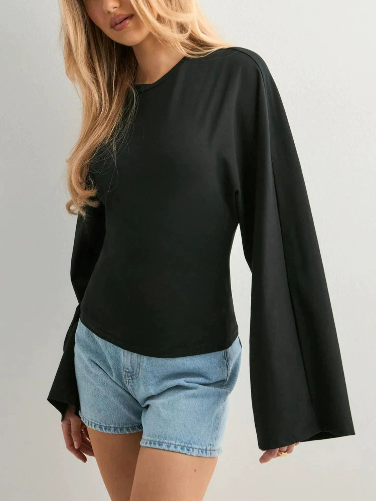 Women's Slim-waist Long Sleeve Cropped Relaxed T-shirt Casual Tee Casual Top Office Workwear Outfit for Women