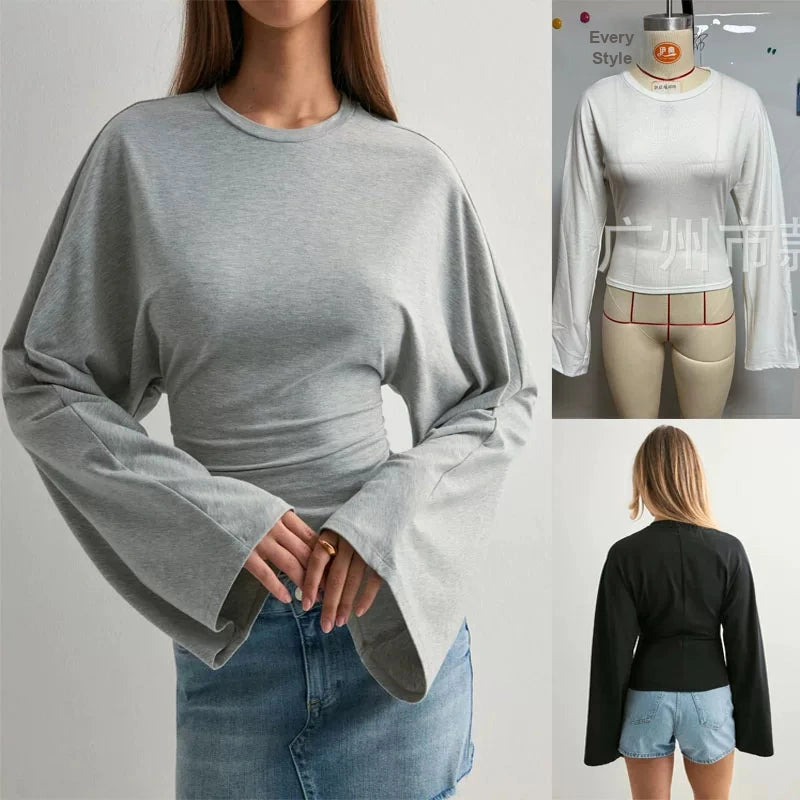 Women's Slim-waist Long Sleeve Cropped Relaxed T-shirt Casual Tee Casual Top Office Workwear Outfit for Women