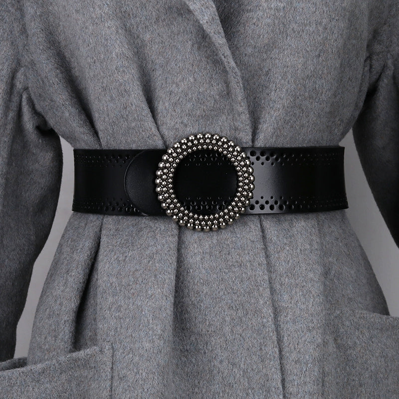 Women's Round Buckle Minimalist Leather Wide Waist Belt Dress Gift Party Versatile Office Everyday
