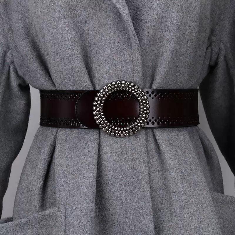Women's Round Buckle Minimalist Leather Wide Waist Belt Dress Gift Party Versatile Office Everyday