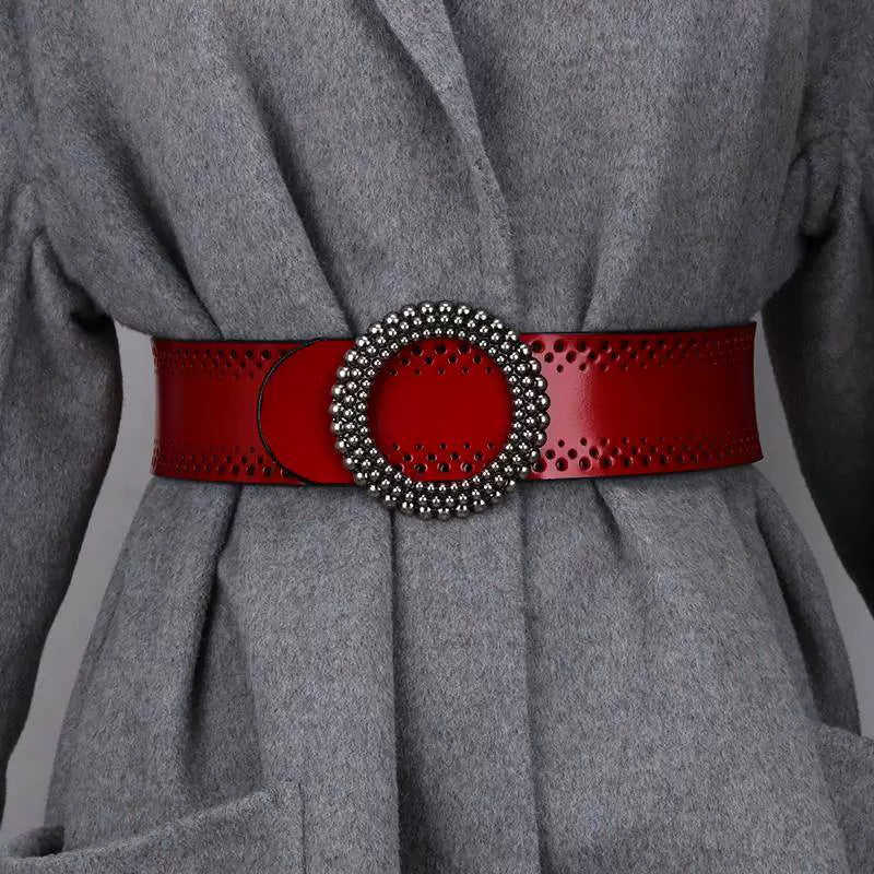 Women's Round Buckle Minimalist Leather Wide Waist Belt Dress Gift Party Versatile Office Everyday