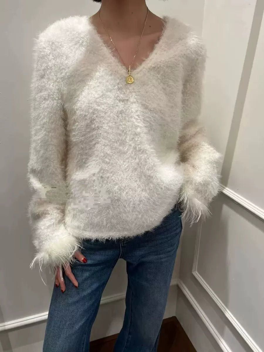 Women's V-Neck Fall Winter Plush Oversized Relaxed Top Fashion Blouse Shirt for Office Outfits Business Casual Streetwear Weekend Everyday