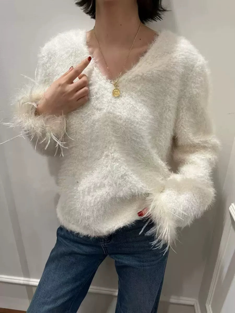 Women's V-Neck Fall Winter Plush Oversized Relaxed Top Fashion Blouse Shirt for Office Outfits Business Casual Streetwear Weekend Everyday