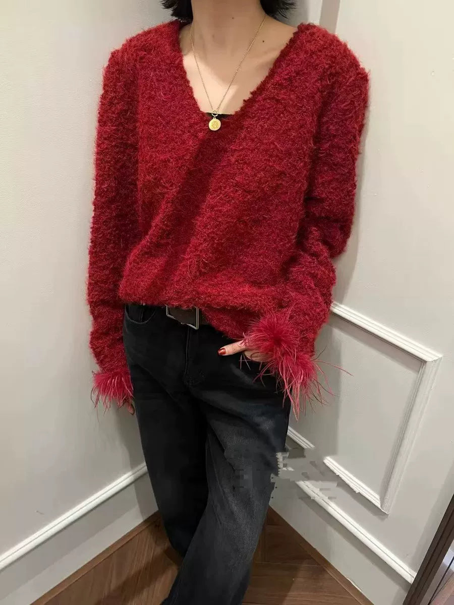 Women's V-Neck Fall Winter Plush Oversized Relaxed Top Fashion Blouse Shirt for Office Outfits Business Casual Streetwear Weekend Everyday