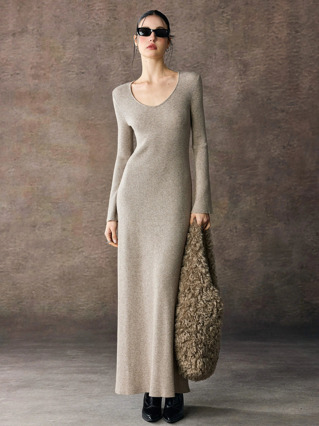 Women's V-Neck Slim-Waist Longline Bodycon Knit Evening Dress Midi for Black Tie Wedding Guest Cocktail Party Prom Date Night