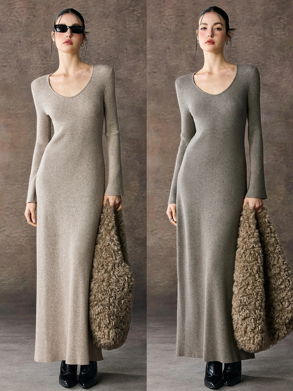 Women's V-Neck Slim-Waist Longline Bodycon Knit Evening Dress Midi for Black Tie Wedding Guest Cocktail Party Prom Date Night
