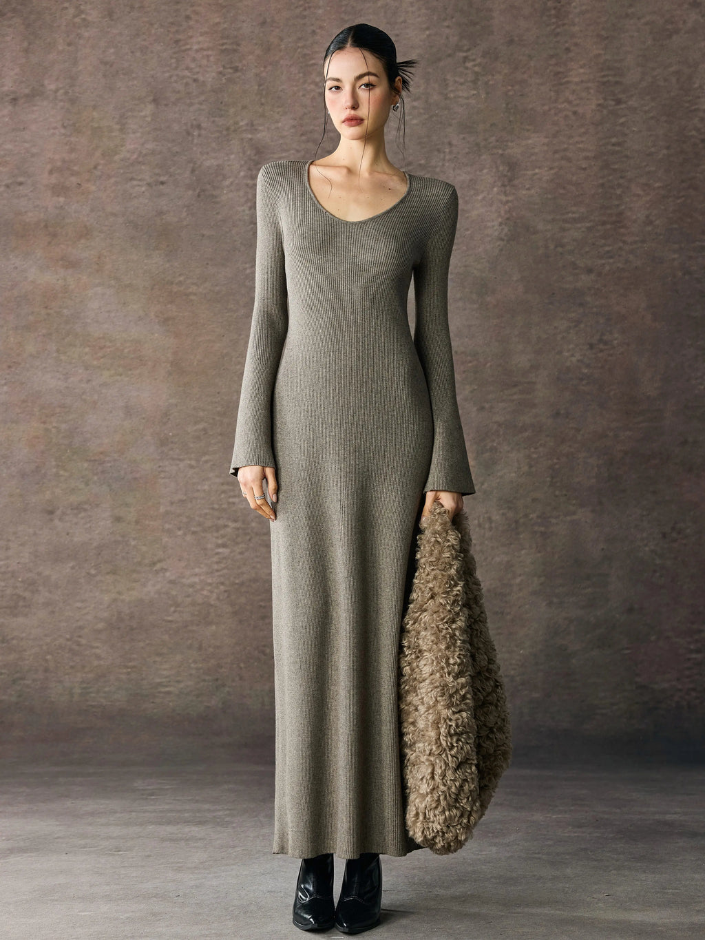 Women's V-Neck Slim-Waist Longline Bodycon Knit Evening Dress Midi for Black Tie Wedding Guest Cocktail Party Prom Date Night