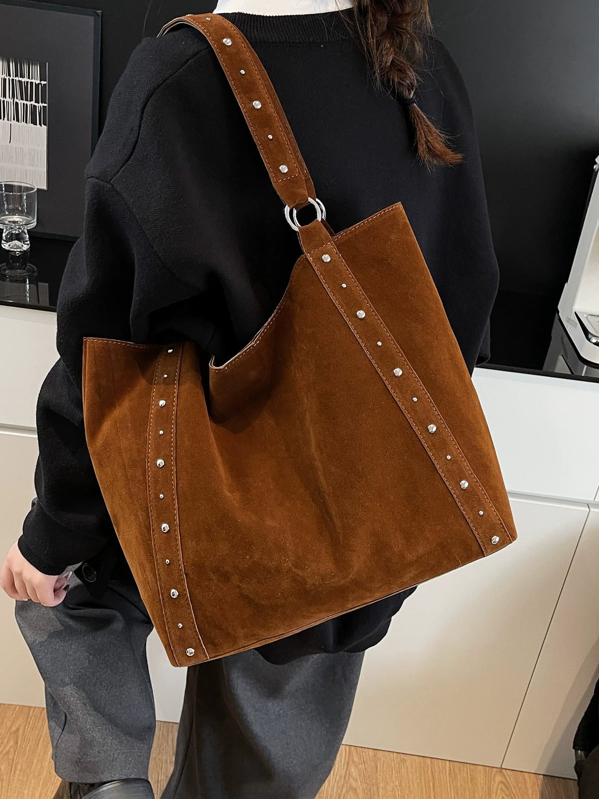 Women's Studded Spring Summer Suede-look Office Workwear Retro Tote Bag Shoulder Crossbody Purse Work Travel Everyday Purse