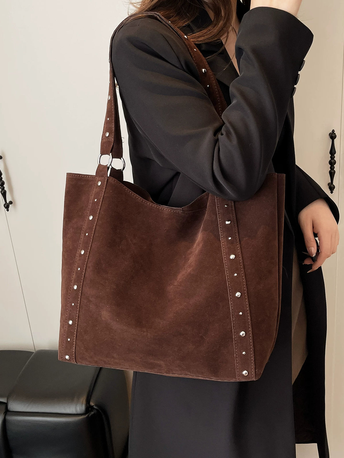 Women's Studded Spring Summer Suede-look Office Workwear Retro Tote Bag Shoulder Crossbody Purse Work Travel Everyday Purse